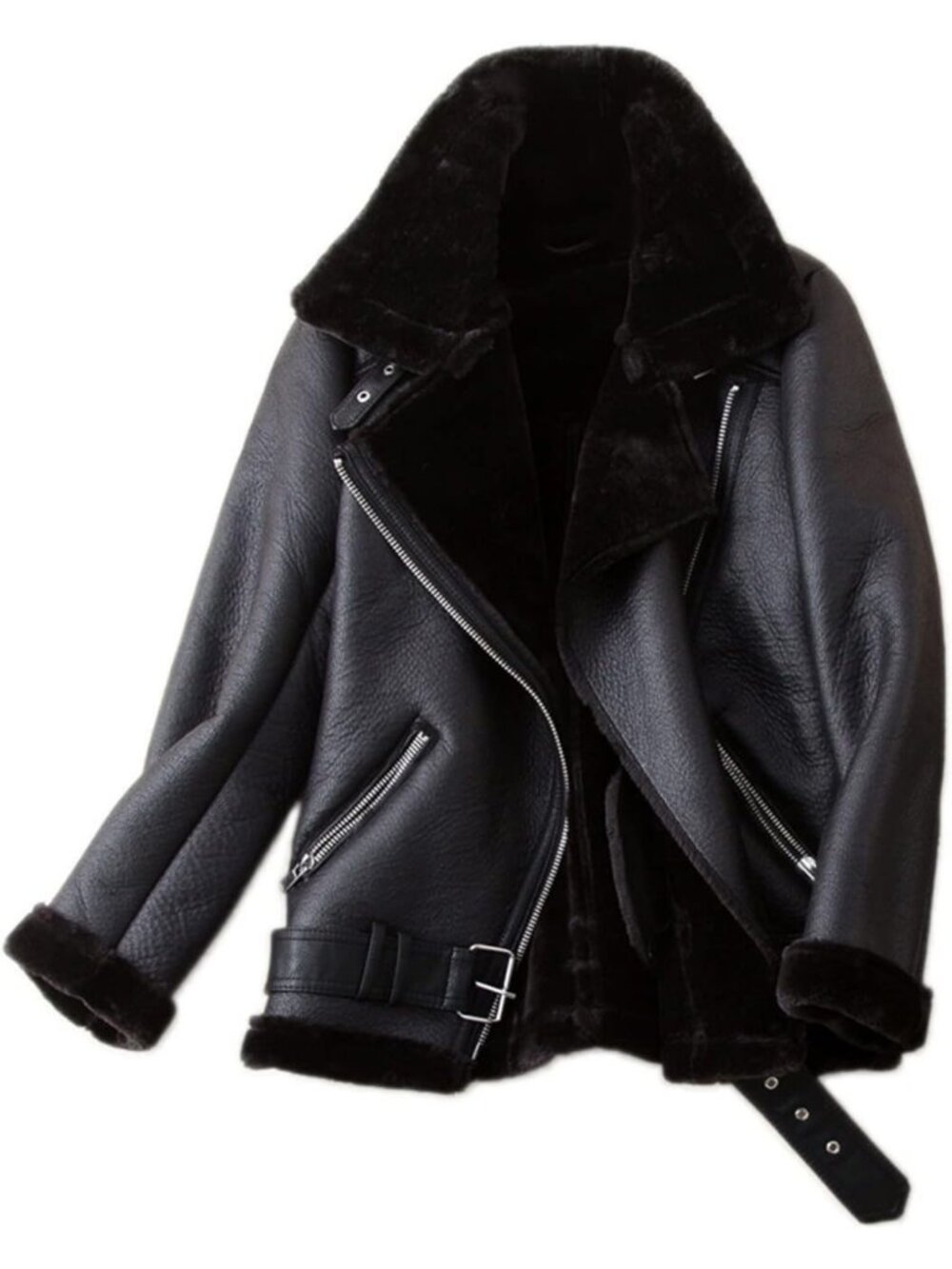Women's Black Polyester Faux Shearing Moto Thick Lined Winter Leather Jacket
